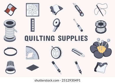 Quilting Supplies Lineal Color Vector Illustration Icon Sticker Set Design Materials