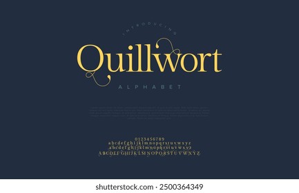 Quilwort swash luxury elegant alphabet letters and numbers. Vintage wedding typography classic serif font decorative vintage retro. creative vector illustration