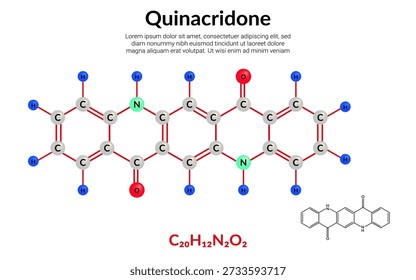 Chinacridon, organische Verbindung, Molekularstrukturformel, Ball-and-Stick-Modell, geeignet für Ausbildung oder Chemie-Wissenschaftsinhalte. Vektorgrafik