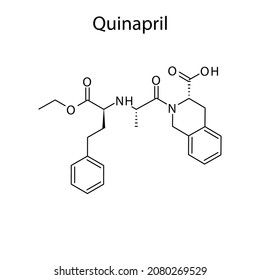 Quinapril molecular structure, flat skeletal chemical formula. ACE inhibitor drug used to treat Hypertension, Heart failure, CAD. Vector illustration.