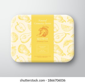 Quince Bath Cosmetics Package Box. Abstract Vector Wrapped Paper Container with Label Cover. Packaging Design. Modern Typography and Hand Drawn Fruits Background Pattern Layout. Isolated.