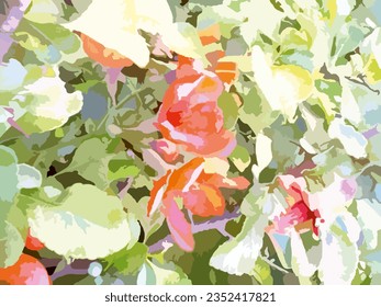 Quince branches in green-orange tones for interiors or fabrics. Bush of flowering quince - watercolor splashes for business concepts, scrapbooking, fashion trends, wallpaper or posters, etc. Vector