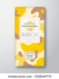 Quince Chocolate Label. Abstract Shapes Vector Packaging Design Layout with Realistic Shadows. Modern Typography, Hand Drawn Fruit Silhouette and Colorful Camouflage Pattern Background. Isolated.