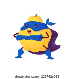 Quince fruit cartoon superhero character. Vector defender super hero personage in cape and mask stand in protective pose. Funny cheerful fairytale healthy food, brave tropical vitamin ready for feat