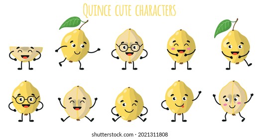 Quince fruta linda personajes alegres y graciosos con diferentes poses y emociones. Recogida de alimentos antioxidantes de vitamina natural. Dibujo vectorial aislado. Concepto de niños.