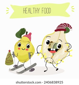 Quince fruit cute funny cheerful characters with different poses and activities. Natural vitamin antioxidant detox food collection. Flat vector illustration, funny fruits. Organic food.