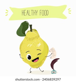 Quince fruit cute funny cheerful characters with different poses and activities. Natural vitamin antioxidant detox food collection. Flat vector illustration, funny fruits. Organic food.