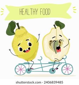 Quince fruit cute funny cheerful characters with different poses and activities. Natural vitamin antioxidant detox food collection. Flat vector illustration, funny fruits. Organic food.