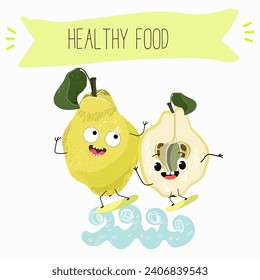 Quince fruit cute funny cheerful characters with different poses and activities. Natural vitamin antioxidant detox food collection. Flat vector illustration, funny fruits. Organic food.