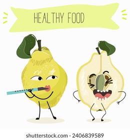 Quince fruit cute funny cheerful characters with different poses and activities. Natural vitamin antioxidant detox food collection. Flat vector illustration, funny fruits. Organic food.