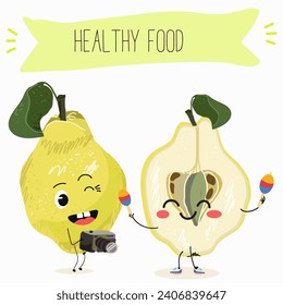 Quince fruit cute funny cheerful characters with different poses and activities. Natural vitamin antioxidant detox food collection. Flat vector illustration, funny fruits. Organic food.