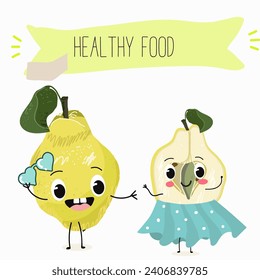 Quince fruit cute funny cheerful characters with different poses and activities. Natural vitamin antioxidant detox food collection. Flat vector illustration, funny fruits. Organic food.