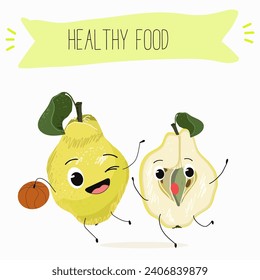 Quince fruit cute funny cheerful characters with different poses and activities. Natural vitamin antioxidant detox food collection. Flat vector illustration, funny fruits. Organic food.