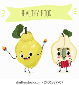 Quince fruit cute funny cheerful characters with different poses and activities. Natural vitamin antioxidant detox food collection. Flat vector illustration, funny fruits. Organic food.