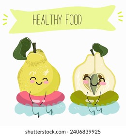 Quince fruit cute funny cheerful characters with different poses and activities. Natural vitamin antioxidant detox food collection. Flat vector illustration, funny fruits. Organic food.