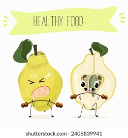 Quince fruit cute funny cheerful characters with different poses and activities. Natural vitamin antioxidant detox food collection. Flat vector illustration, funny fruits. Organic food.