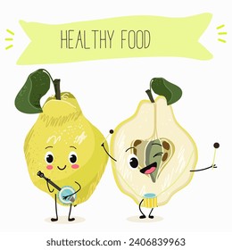 Quince fruit cute funny cheerful characters with different poses and activities. Natural vitamin antioxidant detox food collection. Flat vector illustration, funny fruits. Organic food.