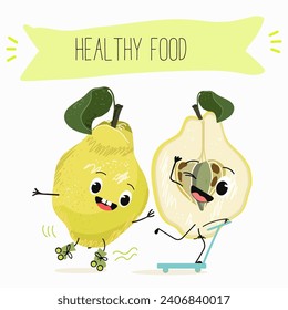 Quince fruit cute funny cheerful characters with different poses and activities. Natural vitamin antioxidant detox food collection. Flat vector illustration, funny fruits. Organic food.