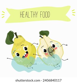 Quince fruit cute funny cheerful characters with different poses and activities. Natural vitamin antioxidant detox food collection. Flat vector illustration, funny fruits. Organic food.