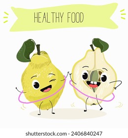 Quince fruit cute funny cheerful characters with different poses and activities. Natural vitamin antioxidant detox food collection. Flat vector illustration, funny fruits. Organic food.