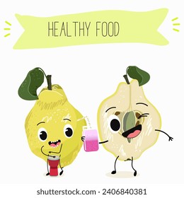 Quince fruit cute funny cheerful characters with different poses and activities. Natural vitamin antioxidant detox food collection. Flat vector illustration, funny fruits. Organic food.