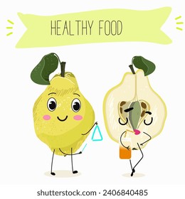 Quince fruit cute funny cheerful characters with different poses and activities. Natural vitamin antioxidant detox food collection. Flat vector illustration, funny fruits. Organic food.