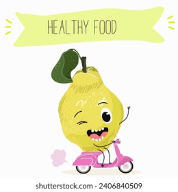 Quince fruit cute funny cheerful characters with different poses and activities. Natural vitamin antioxidant detox food collection. Flat vector illustration, funny fruits. Organic food.