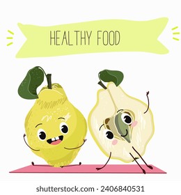 Quince fruit cute funny cheerful characters with different poses and activities. Natural vitamin antioxidant detox food collection. Flat vector illustration, funny fruits. Organic food.