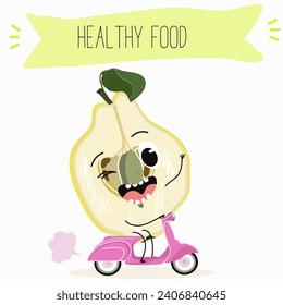 Quince fruit cute funny cheerful characters with different poses and activities. Natural vitamin antioxidant detox food collection. Flat vector illustration, funny fruits. Organic food.