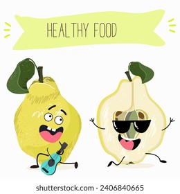 Quince fruit cute funny cheerful characters with different poses and activities. Natural vitamin antioxidant detox food collection. Flat vector illustration, funny fruits. Organic food.