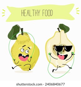 Quince fruit cute funny cheerful characters with different poses and activities. Natural vitamin antioxidant detox food collection. Flat vector illustration, funny fruits. Organic food.