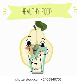 Quince fruit cute funny cheerful characters with different poses and activities. Natural vitamin antioxidant detox food collection. Flat vector illustration, funny fruits. Organic food.