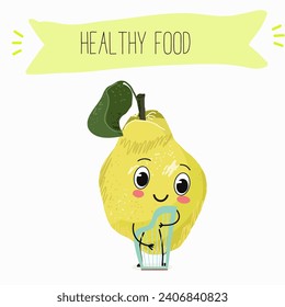 Quince fruit cute funny cheerful characters with different poses and activities. Natural vitamin antioxidant detox food collection. Flat vector illustration, funny fruits. Organic food.