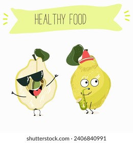 Quince fruit cute funny cheerful characters with different poses and activities. Natural vitamin antioxidant detox food collection. Flat vector illustration, funny fruits. Organic food.