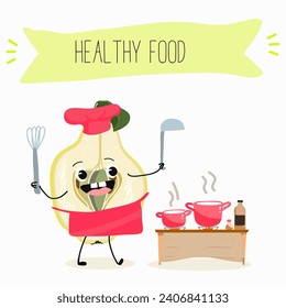 Quince fruit cute funny cheerful characters with different poses and activities. Natural vitamin antioxidant detox food collection. Flat vector illustration, funny fruits. Organic food.