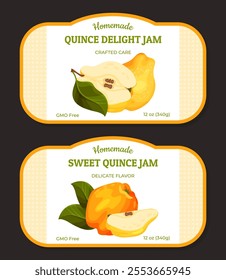 Quince Fruit Jam Label Design with Ripe Crop Vector Template