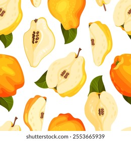 Quince Fruit Seamless Pattern with Ripe Crop Vector Template