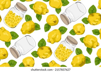 Quince fruit. Seamless vector patterns with fruits, leaves, jars of jam.