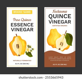 Quince Fruit Vinegar Label Design with Ripe Crop Vector Template