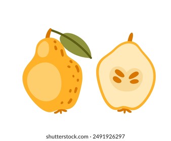 Quince fruit, whole and halved with seeds and green leaf. Simple cartoon style design. Vector illustration isolated on white background