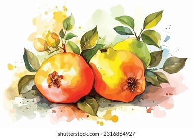 Quince fruits watercolor white background
Branch with fresh ripe yellow quince fruits. Hand drawn watercolor illustration, isolated on white background