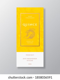 Quince Home Fragrance Abstract Vector Label Template. Hand Drawn Sketch Flowers, Leaves Background and Retro Typography. Premium Room Perfume Packaging Design Layout. Realistic Mockup. Isolated.