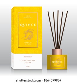 Quince Home Fragrance Sticks Abstract Vector Label Box Template. Hand Drawn Sketch Flowers, Leaves Background. Retro Typography. Room Perfume Packaging Design Layout. Realistic Mockup Isolated.