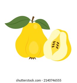 Quince frutos enteros y medio cortados aislados en fondo blanco. Icono de pera amarilla o manzana para el diseño del paquete. Ilustración vectorial de frutos exóticos tropicales en estilo plano.