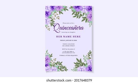 Quinceanera Birthday celebration flyer invitation card for Latin America girl in floral design theme decoration with beautiful blooming flowers, leaves, branches, vines. Vector stock illustration.