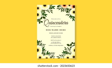 Quinceanera Birthday celebration flyer invitation card for Latin America girl in floral design theme decoration with beautiful blooming flowers, leaves, branches, vines. Vector stock illustration.