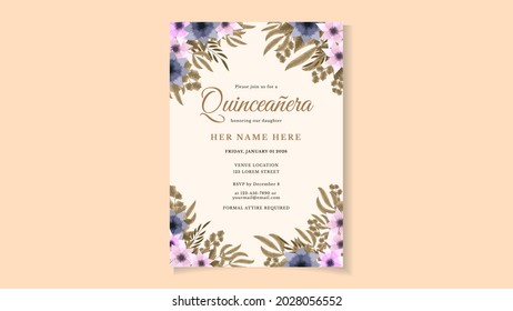 Quinceanera Birthday Celebration Flyer Invitation Card For Latin America Girl In Floral Design Theme Decoration With Beautiful Blooming Flowers, Leaves, Branches, Vines. Vector Stock Illustration.