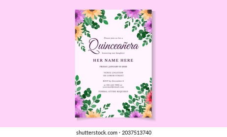 Quinceanera Birthday celebration flyer invitation card for Latin America girl in floral design theme decoration with beautiful blooming flowers, leaves, branches, vines. Vector stock illustration.