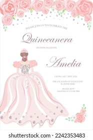 Quinceanera Birthday celebration invitation card for Latin America girl in floral design theme decoration with Princess, beautiful  flowers, leaves. Vector illustration.