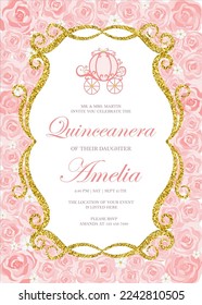 Quinceanera Birthday celebration invitation card for Latin America girl in floral design theme decoration with beautiful flowers, leaves. Vector illustration.